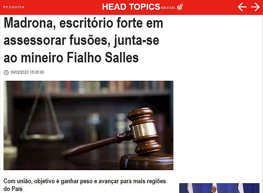 Madrona, escritrio forte em assessorar fuses, junta-se ao mineiro Fialho Salles